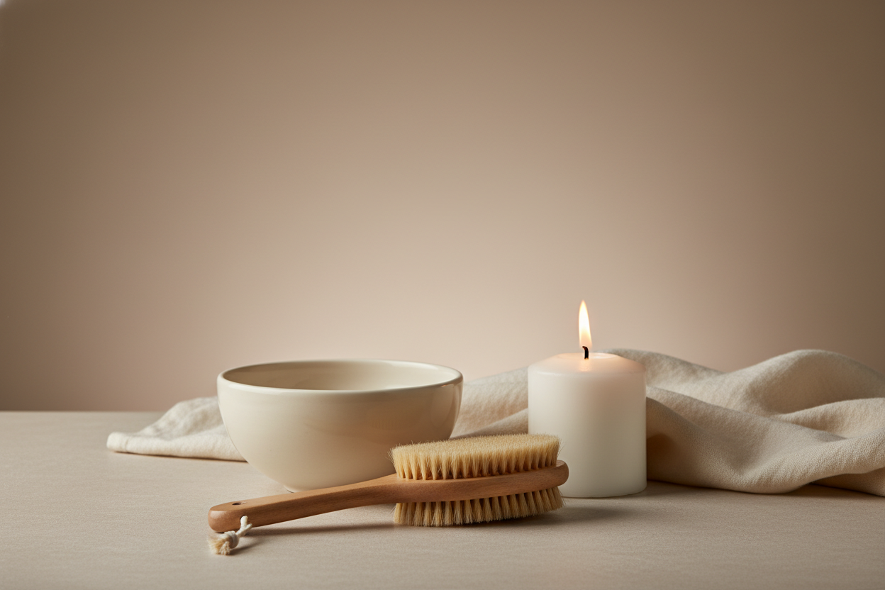 One elegant, soft-lit photo: neutral table, minimal items (ceramic bowl, candle, brush, linen).

Background tone: soft taupe or beige gradient (e.g., #F2E9E2 → #EBD9CF).